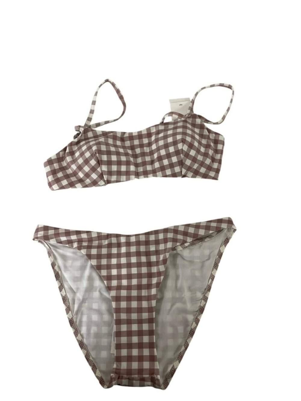 Oysho Womens Gingham Top & High-Leg Bikini Set Small Brown White Checkered NWT